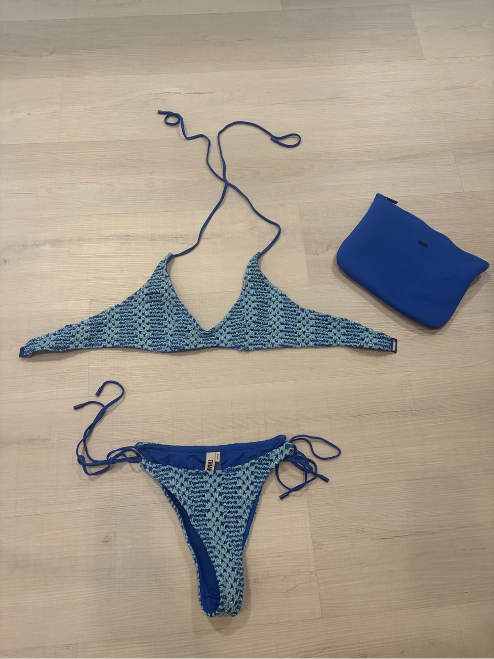 triangl swimwear Blue Crochet Tie-Side Bikini Set with Matching Pouch